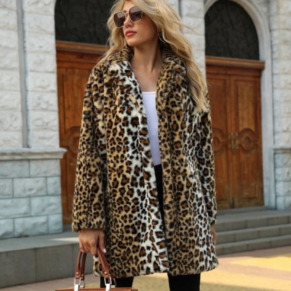 Leopard Print Faux Fur Coat thci warm winter plush jacket